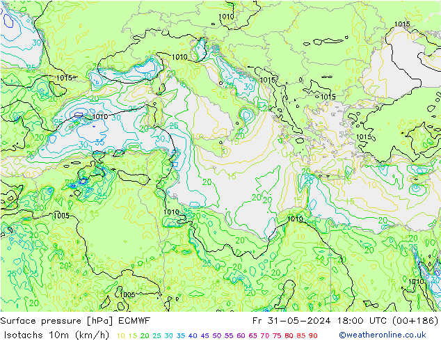 Isotachs (kph) ECMWF Fr 31.05.2024 18 UTC
