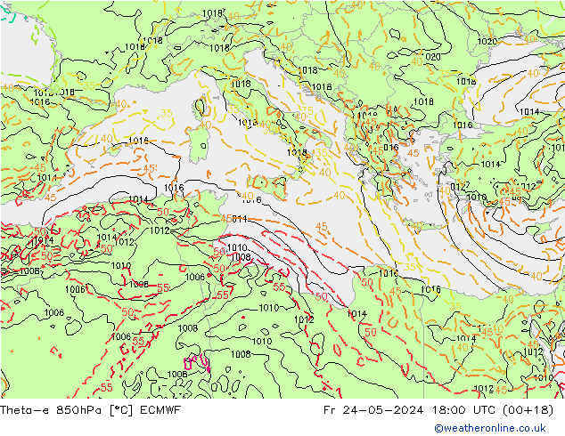 Theta-e 850hPa ECMWF Fr 24.05.2024 18 UTC