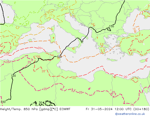 Height/Temp. 850 hPa ECMWF Pá 31.05.2024 12 UTC