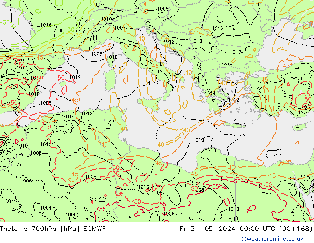 Theta-e 700hPa ECMWF Sex 31.05.2024 00 UTC