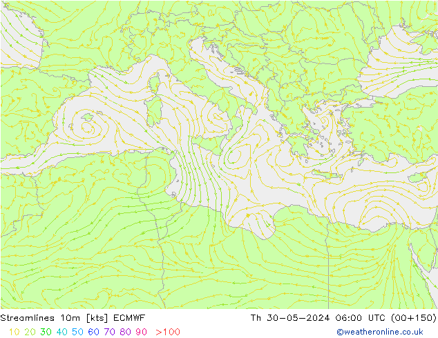 Streamlines 10m ECMWF Čt 30.05.2024 06 UTC