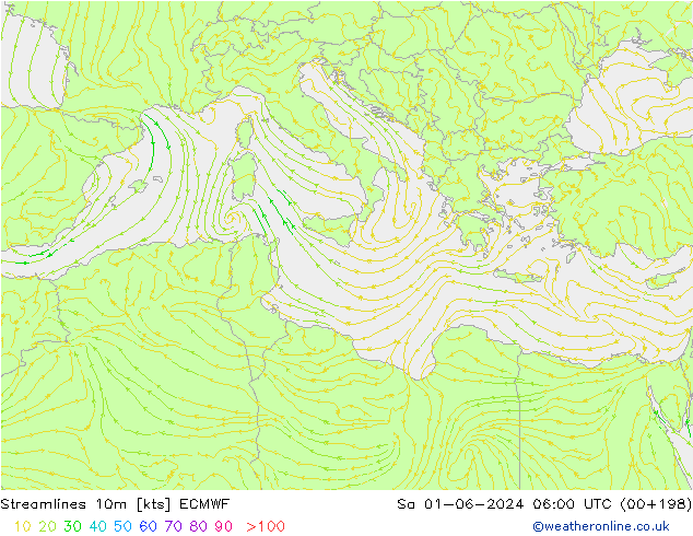 Stroomlijn 10m ECMWF za 01.06.2024 06 UTC