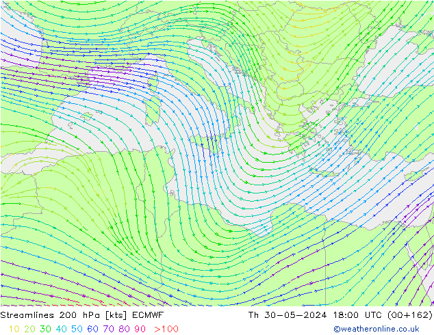 Linha de corrente 200 hPa ECMWF Qui 30.05.2024 18 UTC