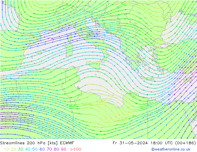 Streamlines 200 hPa ECMWF Fr 31.05.2024 18 UTC