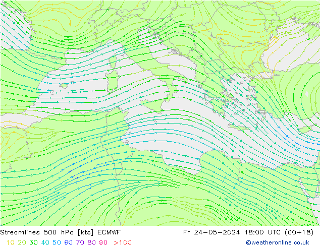 Stroomlijn 500 hPa ECMWF vr 24.05.2024 18 UTC