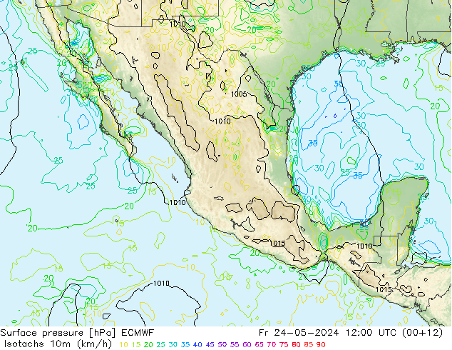 Isotachs (kph) ECMWF Pá 24.05.2024 12 UTC