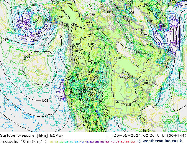 Isotachs (kph) ECMWF Th 30.05.2024 00 UTC