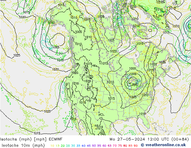 Isotachen (mph) ECMWF Mo 27.05.2024 12 UTC