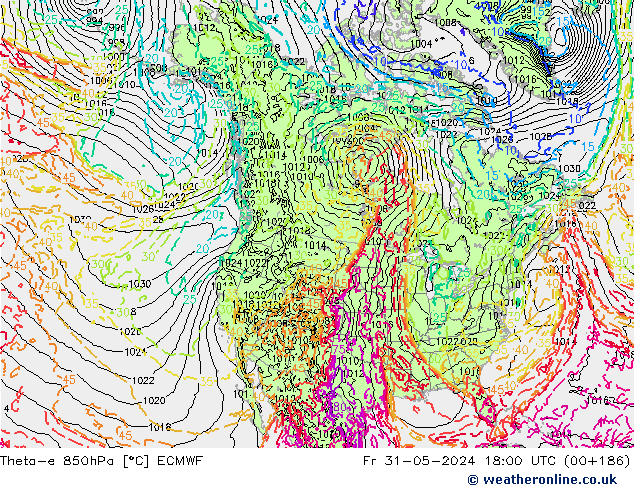 Theta-e 850hPa ECMWF Fr 31.05.2024 18 UTC