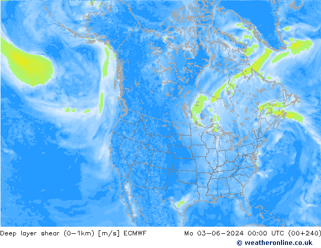 Deep layer shear (0-1km) ECMWF Seg 03.06.2024 00 UTC