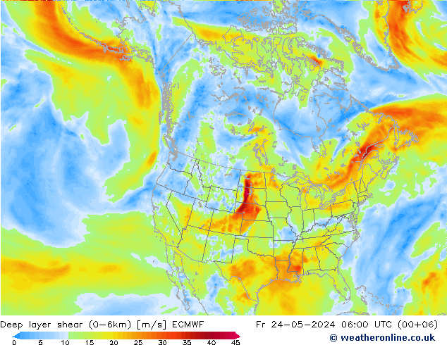 Deep layer shear (0-6km) ECMWF ven 24.05.2024 06 UTC