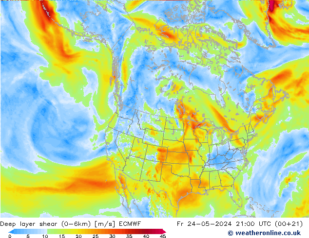 Deep layer shear (0-6km) ECMWF 星期五 24.05.2024 21 UTC