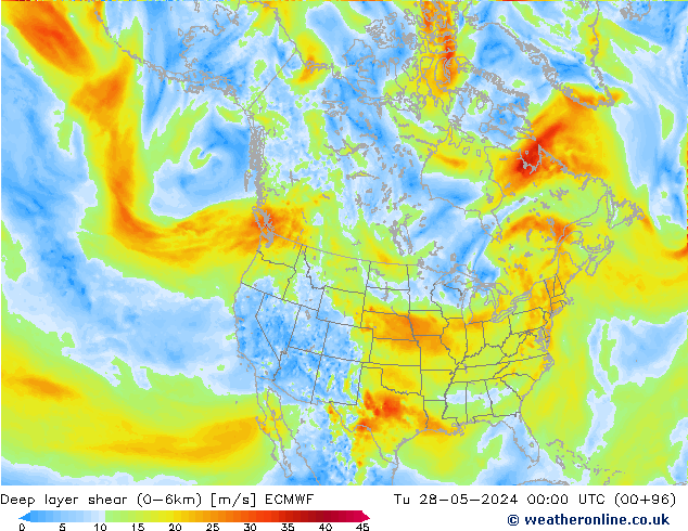 Deep layer shear (0-6km) ECMWF Sa 28.05.2024 00 UTC