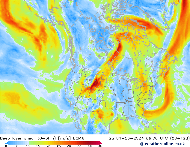 Deep layer shear (0-6km) ECMWF Sa 01.06.2024 06 UTC