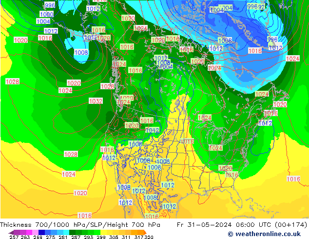 Espesor 700-1000 hPa ECMWF vie 31.05.2024 06 UTC