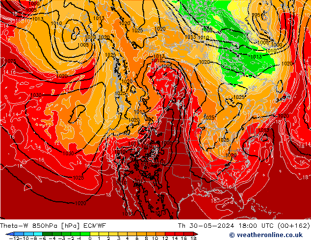 Theta-W 850hPa ECMWF Čt 30.05.2024 18 UTC