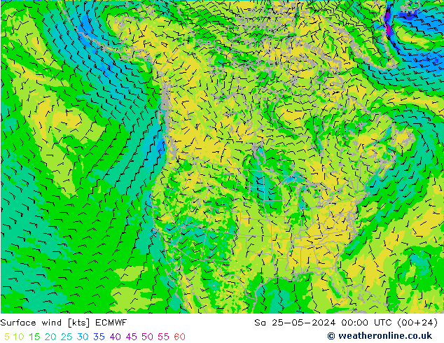 Vent 10 m ECMWF sam 25.05.2024 00 UTC