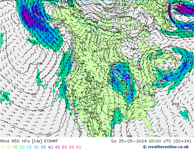 风 950 hPa ECMWF 星期六 25.05.2024 00 UTC