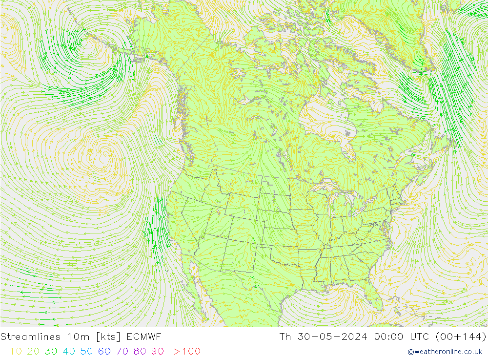 Stroomlijn 10m ECMWF do 30.05.2024 00 UTC