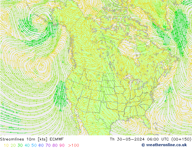 Linha de corrente 10m ECMWF Qui 30.05.2024 06 UTC