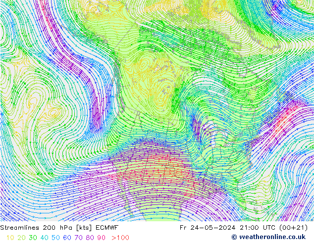 Rüzgar 200 hPa ECMWF Cu 24.05.2024 21 UTC