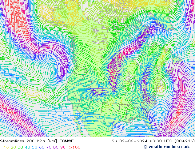 Streamlines 200 hPa ECMWF Su 02.06.2024 00 UTC