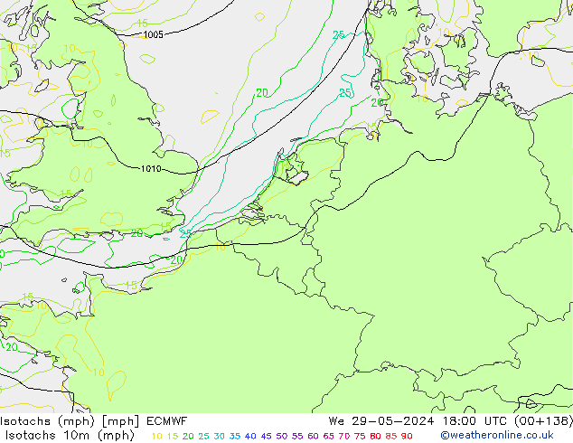 Isotachs (mph) ECMWF mer 29.05.2024 18 UTC