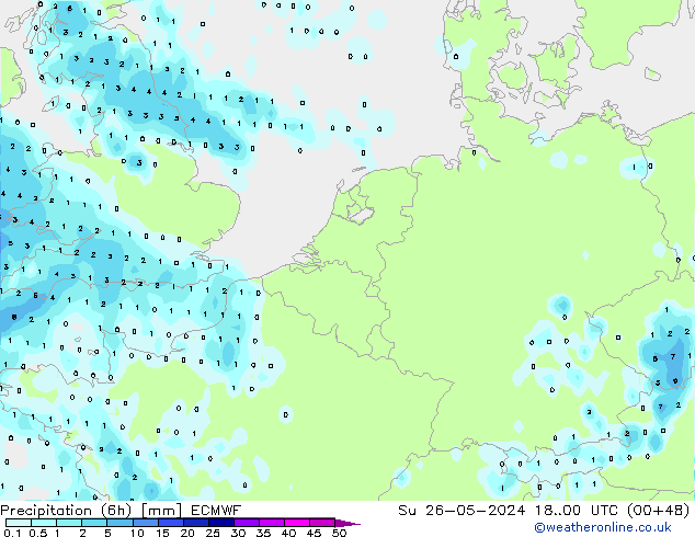 Precipitation (6h) ECMWF Su 26.05.2024 00 UTC