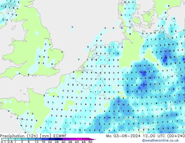 Precipitation (12h) ECMWF Mo 03.06.2024 00 UTC