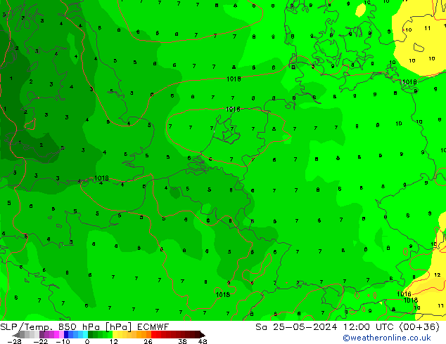 SLP/Temp. 850 hPa ECMWF Sa 25.05.2024 12 UTC