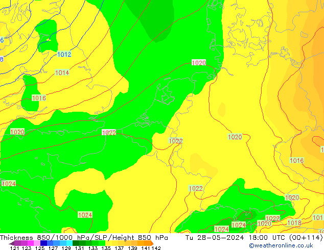 Dikte 850-1000 hPa ECMWF di 28.05.2024 18 UTC