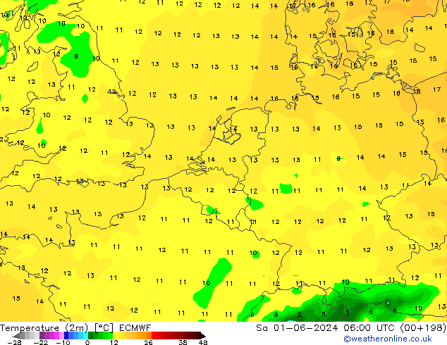 Temperature (2m) ECMWF Sa 01.06.2024 06 UTC