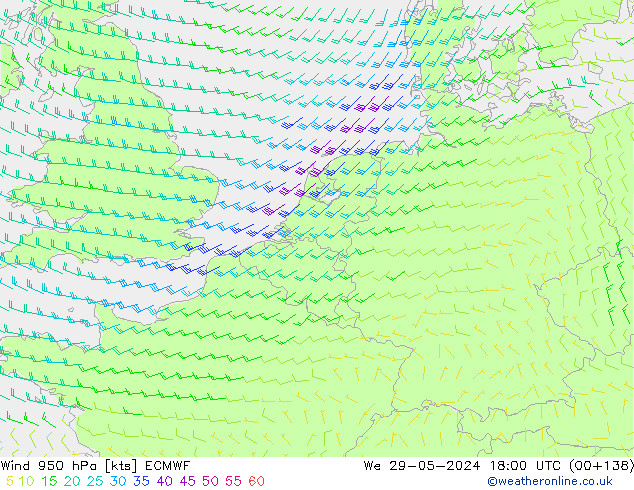 wiatr 950 hPa ECMWF śro. 29.05.2024 18 UTC