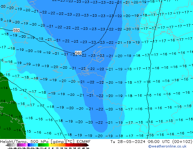 Z500/Rain (+SLP)/Z850 ECMWF Út 28.05.2024 06 UTC