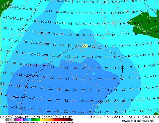 Height/Temp. 500 hPa ECMWF Sa 01.06.2024 00 UTC