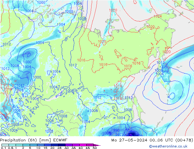 Précipitation (6h) ECMWF lun 27.05.2024 06 UTC