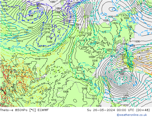 Theta-e 850hPa ECMWF Su 26.05.2024 00 UTC