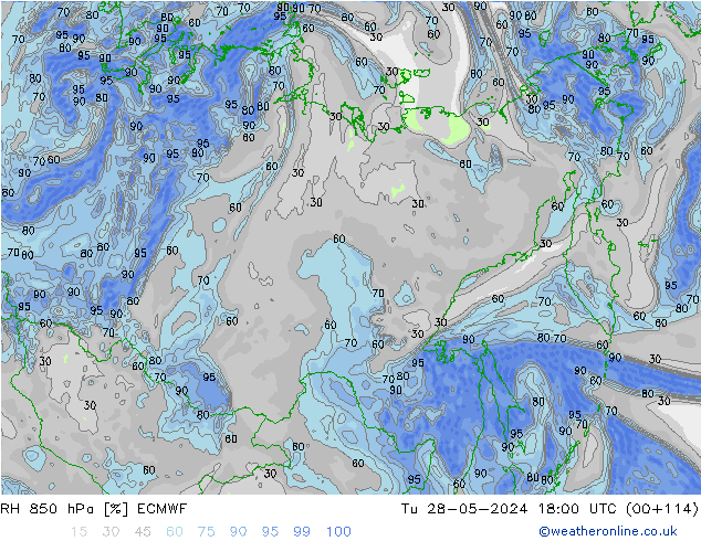 RH 850 hPa ECMWF Tu 28.05.2024 18 UTC