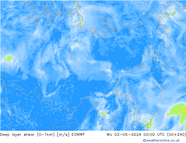 Deep layer shear (0-1km) ECMWF Pzt 03.06.2024 00 UTC