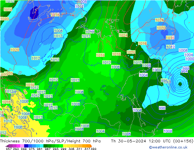 Thck 700-1000 hPa ECMWF gio 30.05.2024 12 UTC