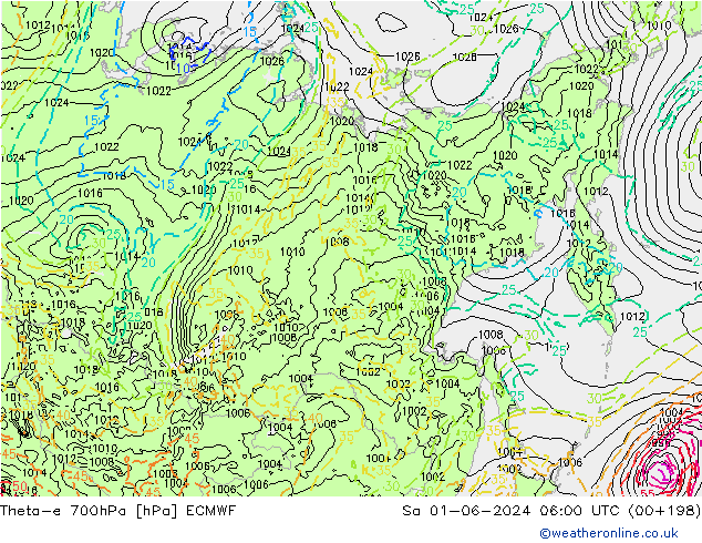 Theta-e 700hPa ECMWF Sa 01.06.2024 06 UTC