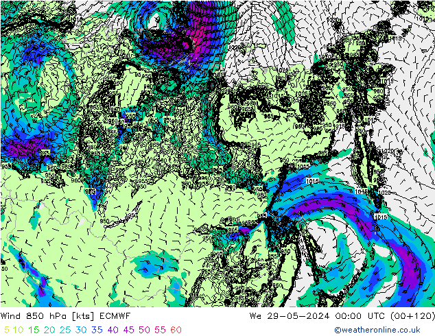 Wind 850 hPa ECMWF We 29.05.2024 00 UTC