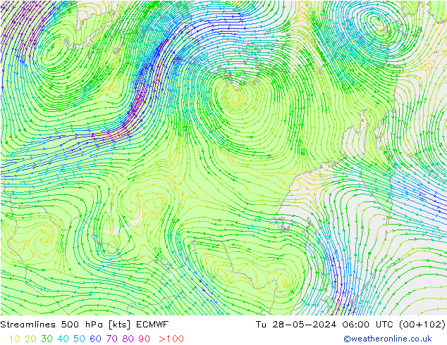 ветер 500 гПа ECMWF вт 28.05.2024 06 UTC