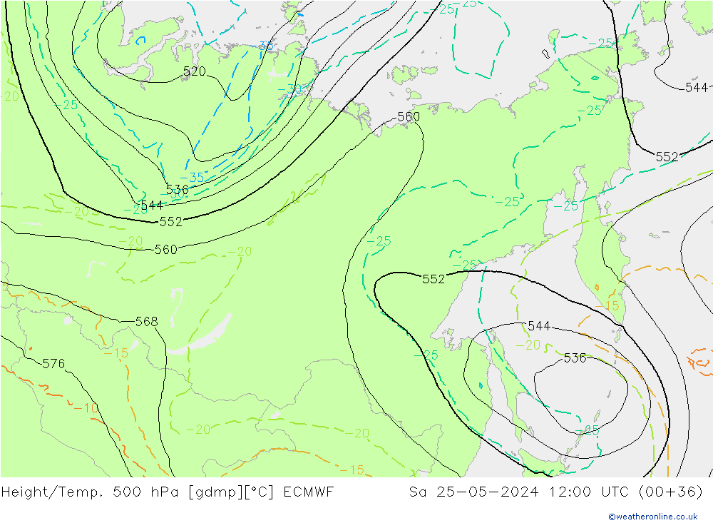 Z500/Rain (+SLP)/Z850 ECMWF so. 25.05.2024 12 UTC