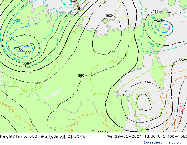 Z500/Rain (+SLP)/Z850 ECMWF mer 29.05.2024 18 UTC