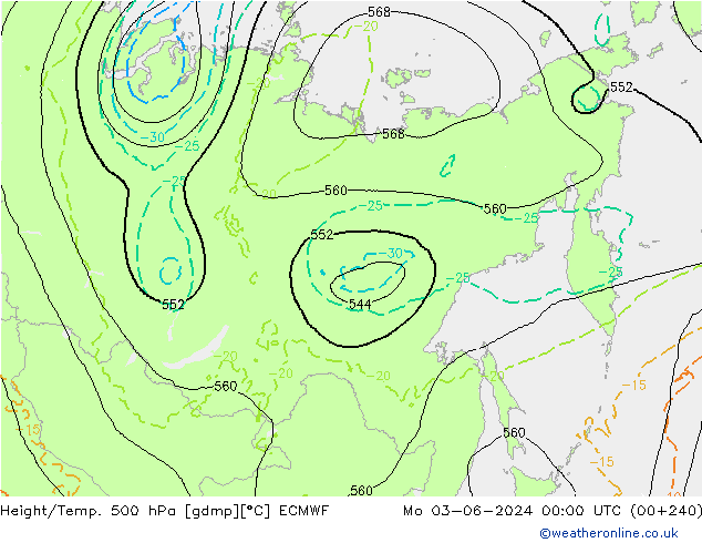 Height/Temp. 500 hPa ECMWF pon. 03.06.2024 00 UTC