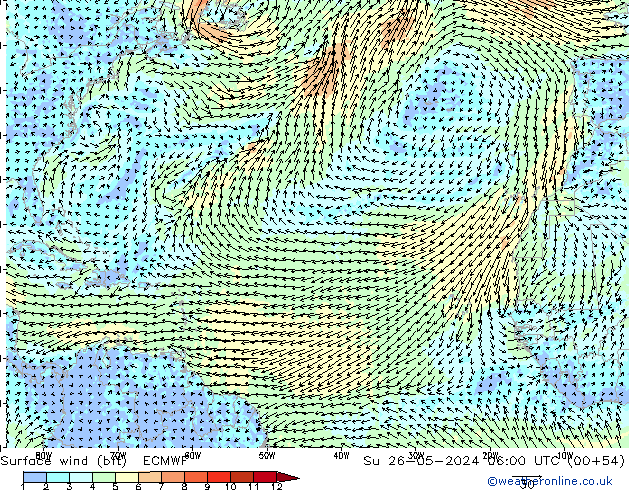 Vento 10 m (bft) ECMWF Dom 26.05.2024 06 UTC