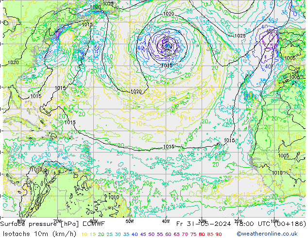 Isotachs (kph) ECMWF Sex 31.05.2024 18 UTC