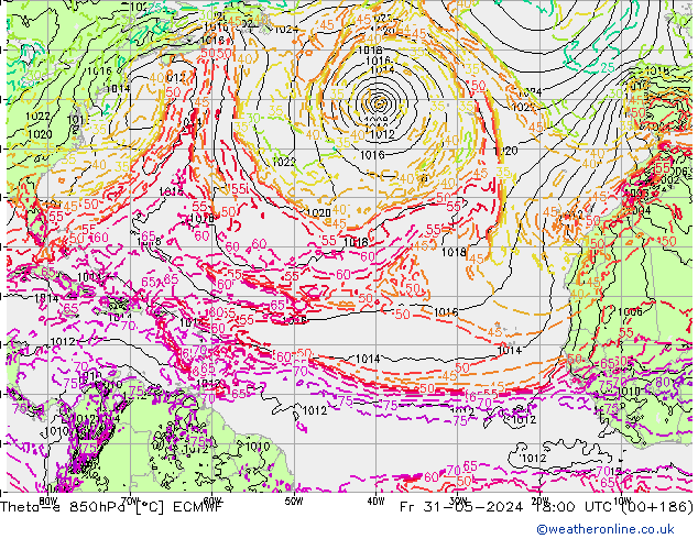 Theta-e 850hPa ECMWF Pá 31.05.2024 18 UTC