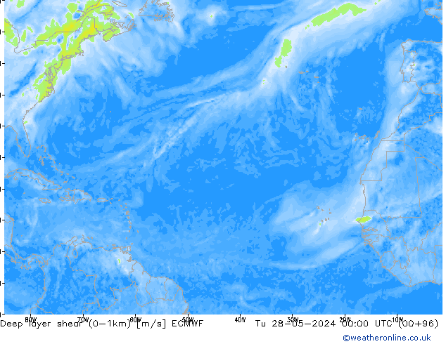 Deep layer shear (0-1km) ECMWF Út 28.05.2024 00 UTC